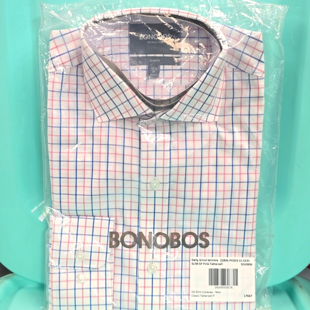 New mens Bonobos 15.5/35 slim fit pink tatterersall shirt